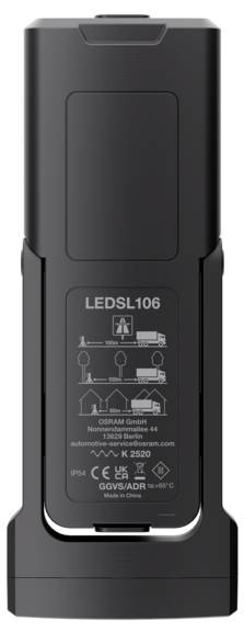 'LEDSL106' noodverlichting met industriële toepassingspictogrammen en nalevingsinformatie op zwarte behuizing.
