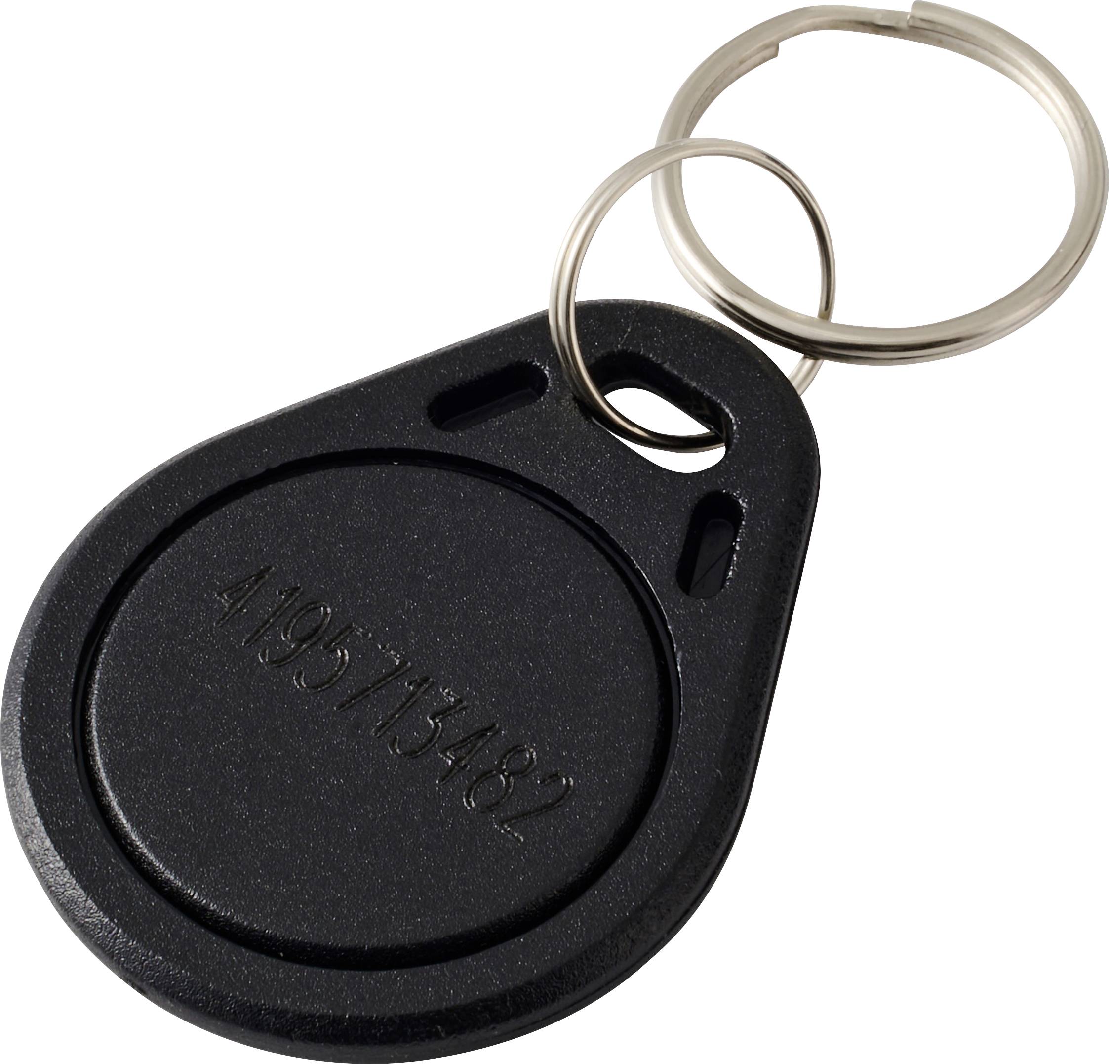 Een zwarte ronde sleutelhanger met een zilveren sleutelring, gegraveerd met cijfers. Gebruikt voor toegangscontrole of identificatie.