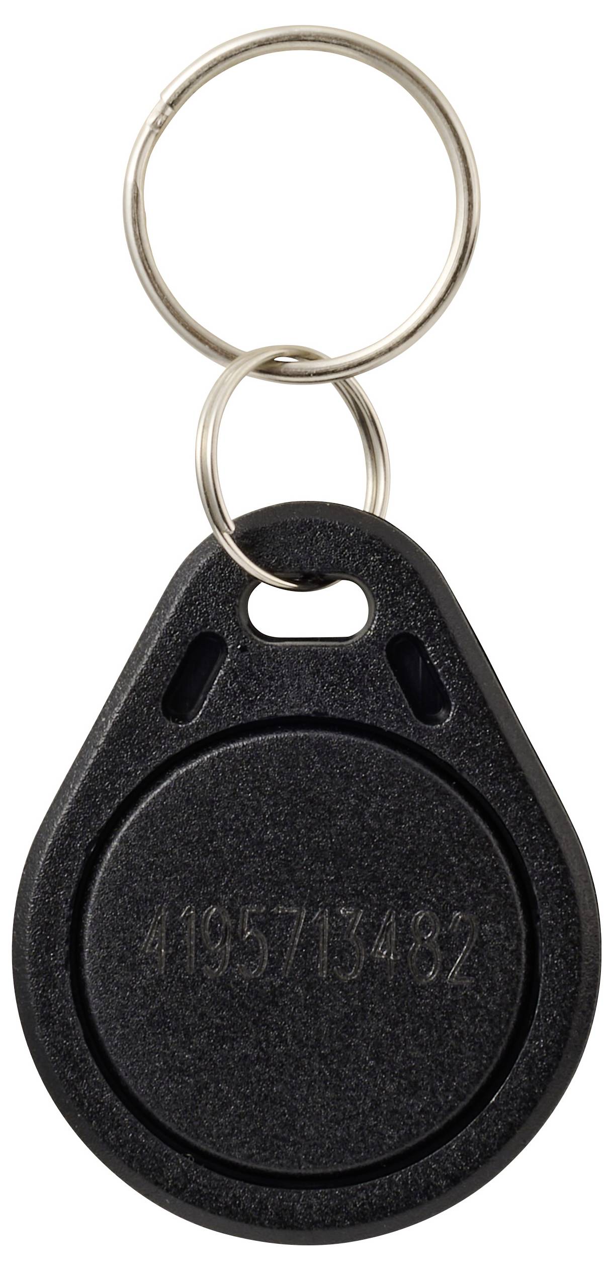 Een zwarte sleutelhanger met een rond ontwerp en gegraveerde cijfers '4195713482', bevestigd aan een metalen sleutelring.