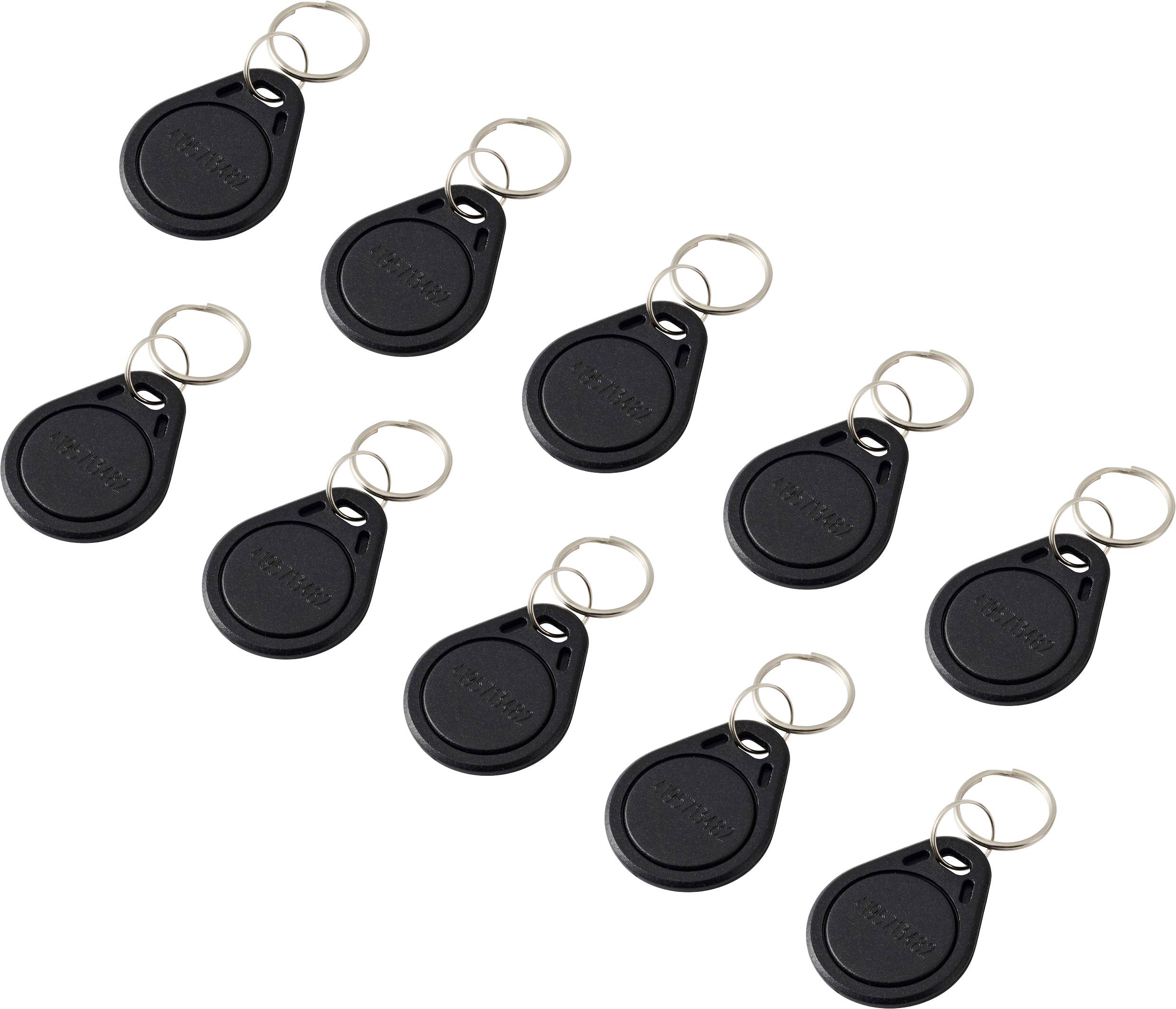 Tien zwarte sleutelhangers met metalen sleutelringen, gerangschikt in paren.