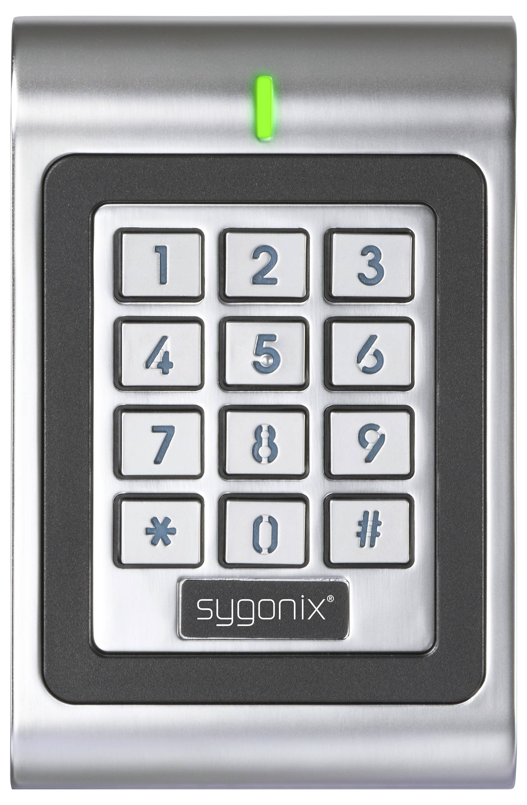 'Een metalen toetsenbord met 12 genummerde knoppen en symbolen, gebruikt voor toegangscontrole, gelabeld met "sygonix" en een groene indicator lamp bovenaan.'