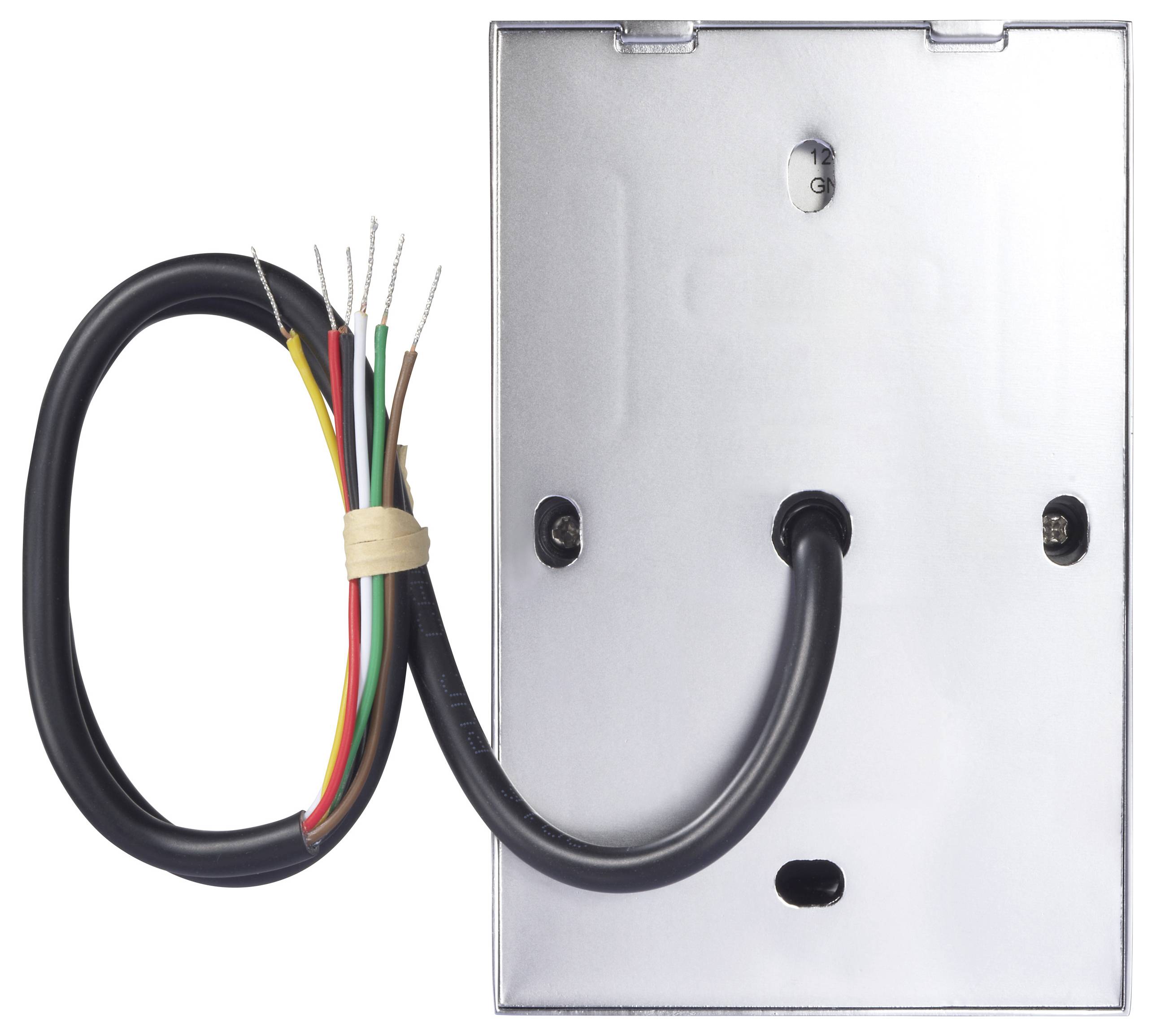 Een metalen elektrische doos met een zwarte kabel die is opgelust en meerdere gekleurde draden die aan het uiteinde zijn blootgesteld, waarschijnlijk voor verbindings- of installatiedoeleinden.