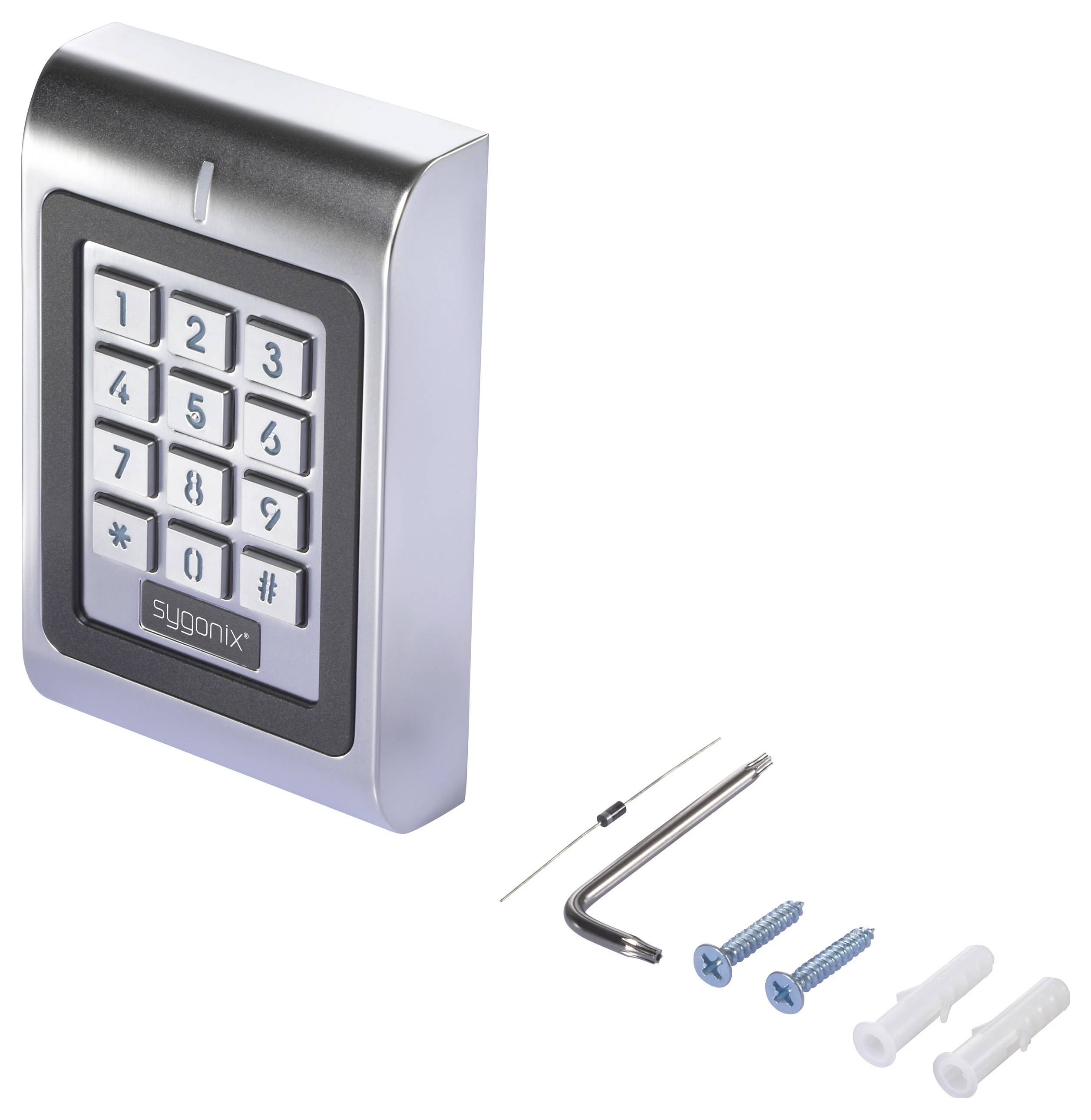 Een zilverkleurige deurslot met een numeriek toetsenbord, voorzien van het label 'sygonix', samen met schroeven en een installategereedschap.