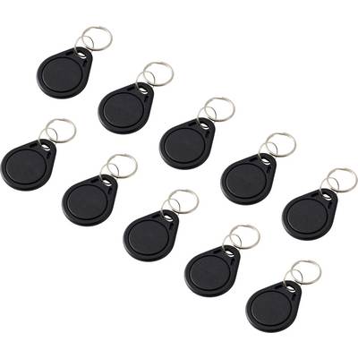 Tien zwarte sleutelhangers met metalen splitringen, gerangschikt in twee rijen, gebruikt voor elektronische toegangscontrole of identificatie.