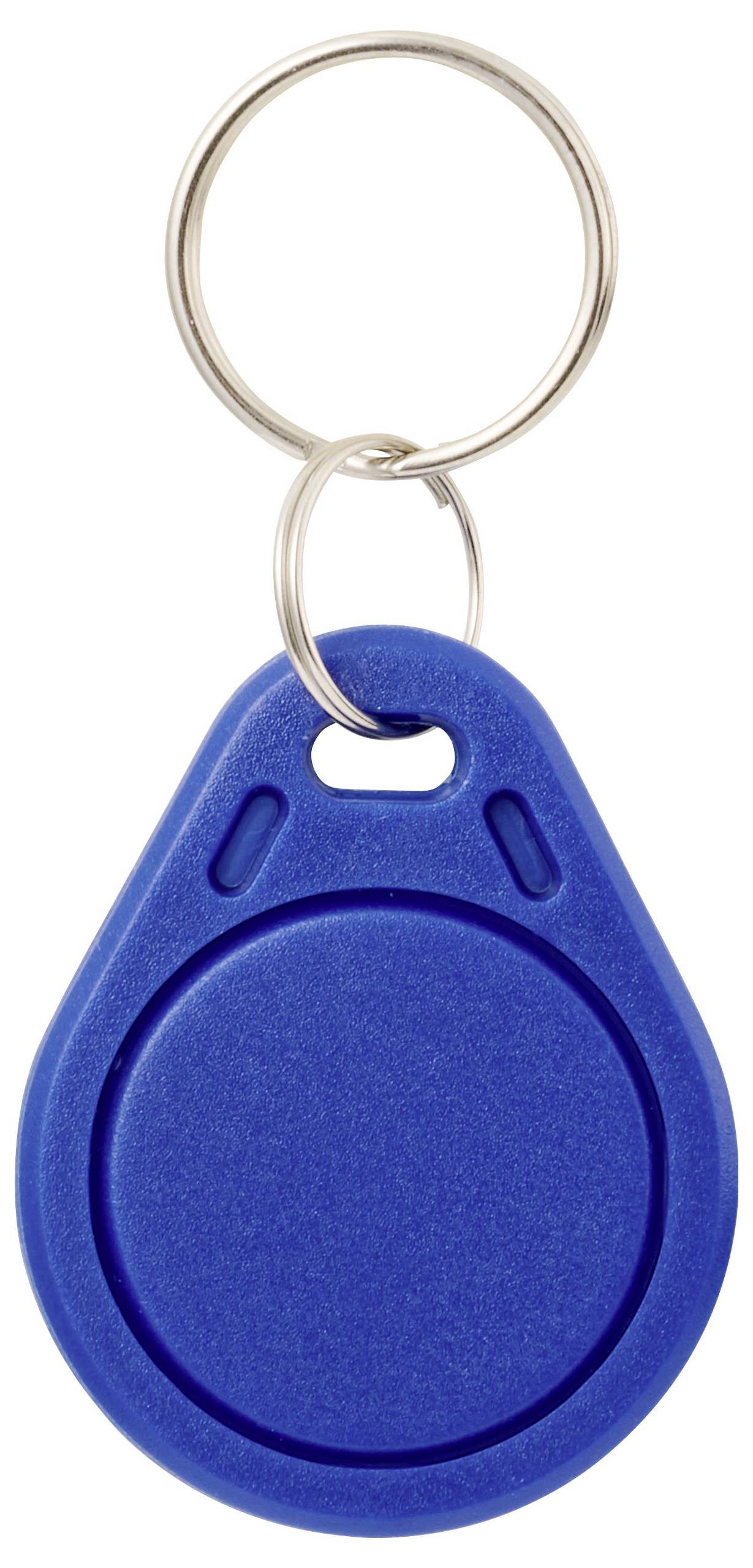 Een blauwe sleutelhanger met een cirkelvormig ontwerp en een bijbehorende metalen sleutelring.