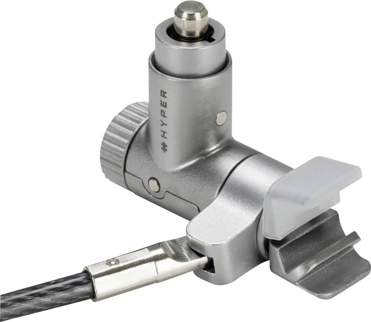 Een zilveren beveiligingsslot met een kabel, gelabeld 'HYPER', ontworpen om apparaten te beveiligen.