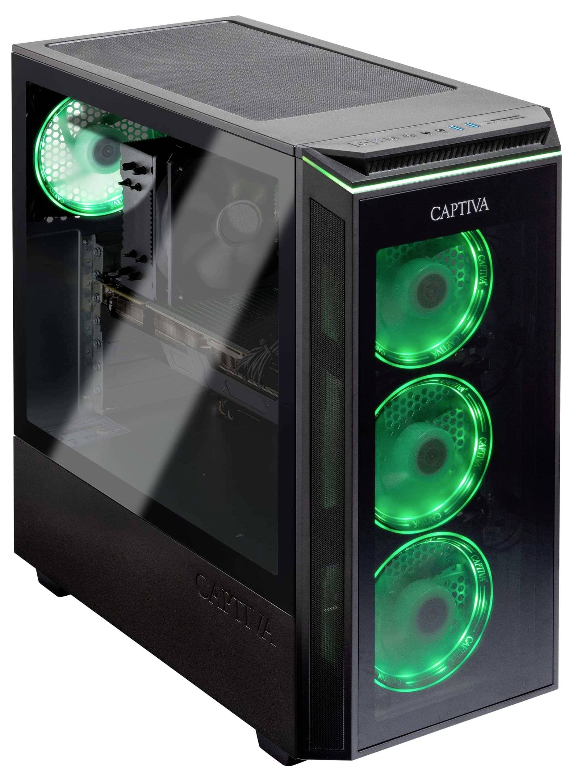 Een zwarte computerbehuizing met groene LED-verlichting aan de binnenkant. Het zijpaneel is transparant en toont de binnenkomponenten. Drie ventilatoren zijn aan de voorkant verlicht.