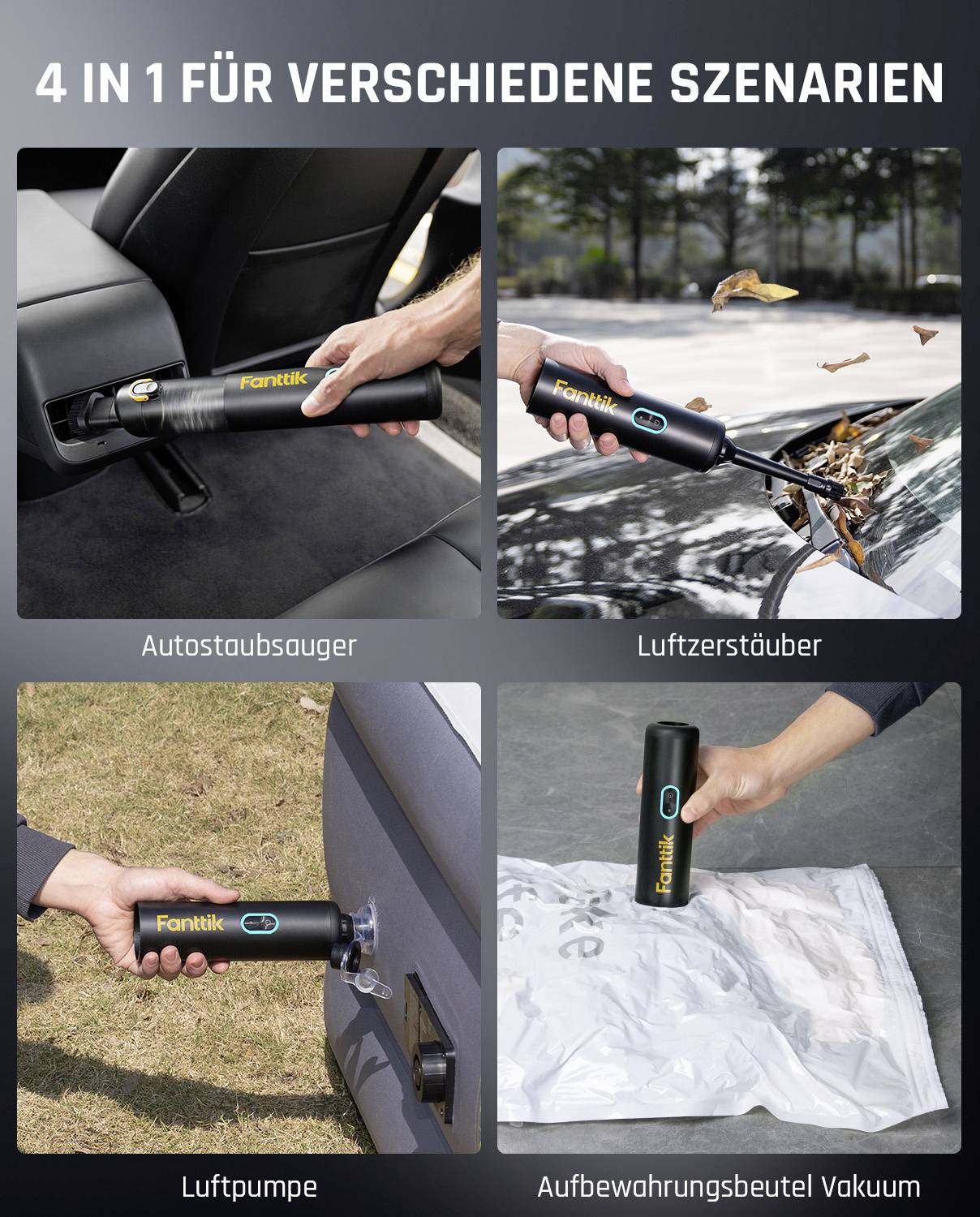 '4-in-1 voor verschillende scenario's' apparaat: auto-stofzuiger (reinigen van autobinnenkant), luchtreiniger (bladeren wegblazen), luchtpomp, vacuümsealer.
