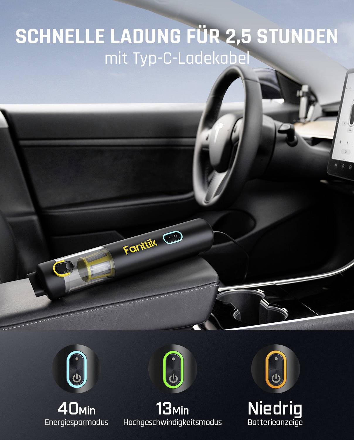 Een apparaat met het label 'Fanttik' wordt getoond terwijl het wordt opgeladen in een auto, met de nadruk op een snelle oplaadtijd van 2,5 uur met een USB-C-kabel. Pictogrammen geven energiebesparende modi, snellaadfuncties en een laag batterijniveau aan.