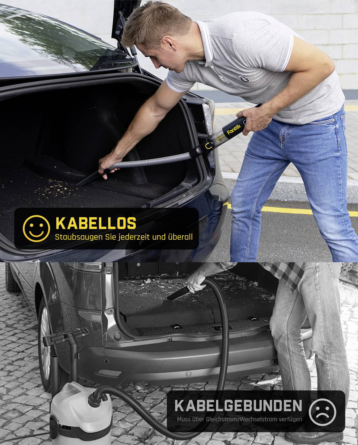 Man die een autostofzuiger gebruikt in de kofferbak. Bovenste afbeelding toont een snoerloze stofzuiger, onderste afbeelding toont een stofzuiger met snoer en energiebeperkingen.