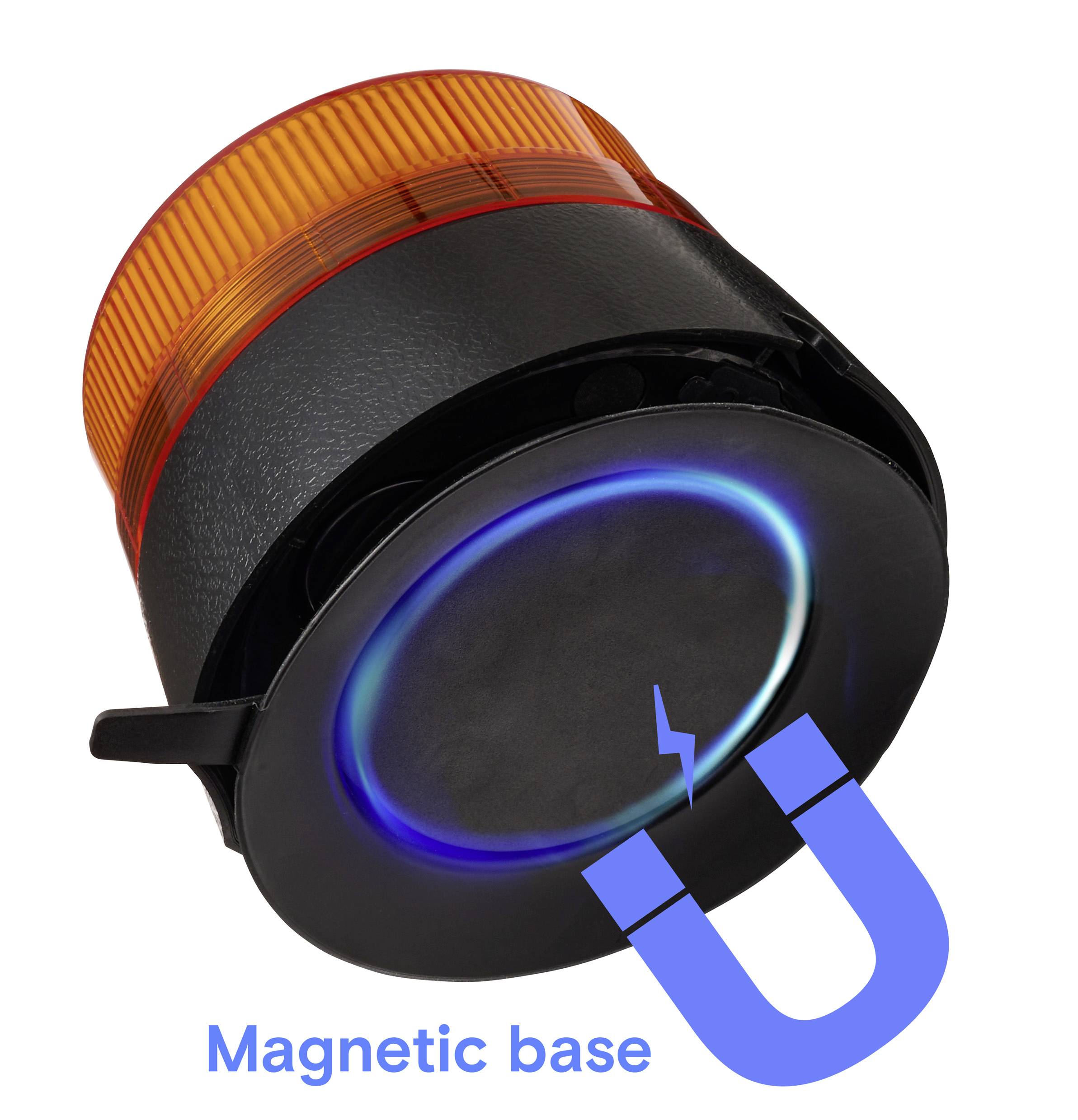 Oranje waarschuwingslicht met magnetische voet, weergegeven met een gloeiend effect en een blauw magneet-symbool dat zijn magnetische eigenschappen aangeeft.