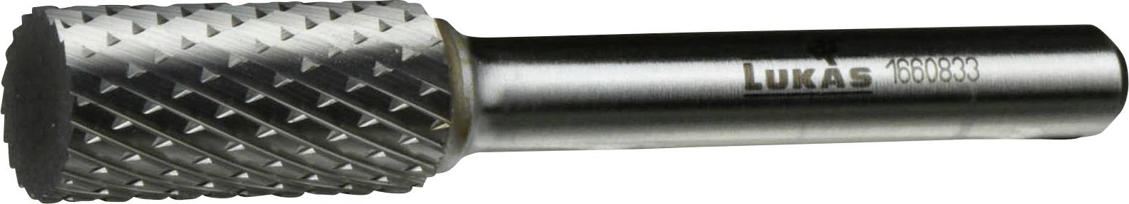 Een cilindervormige metalen snijgereedschap met een diamantpatroon oppervlak, gelabeld 'LUKAS 1633K08', gebruikt voor precisie materiaalbewerkingen.