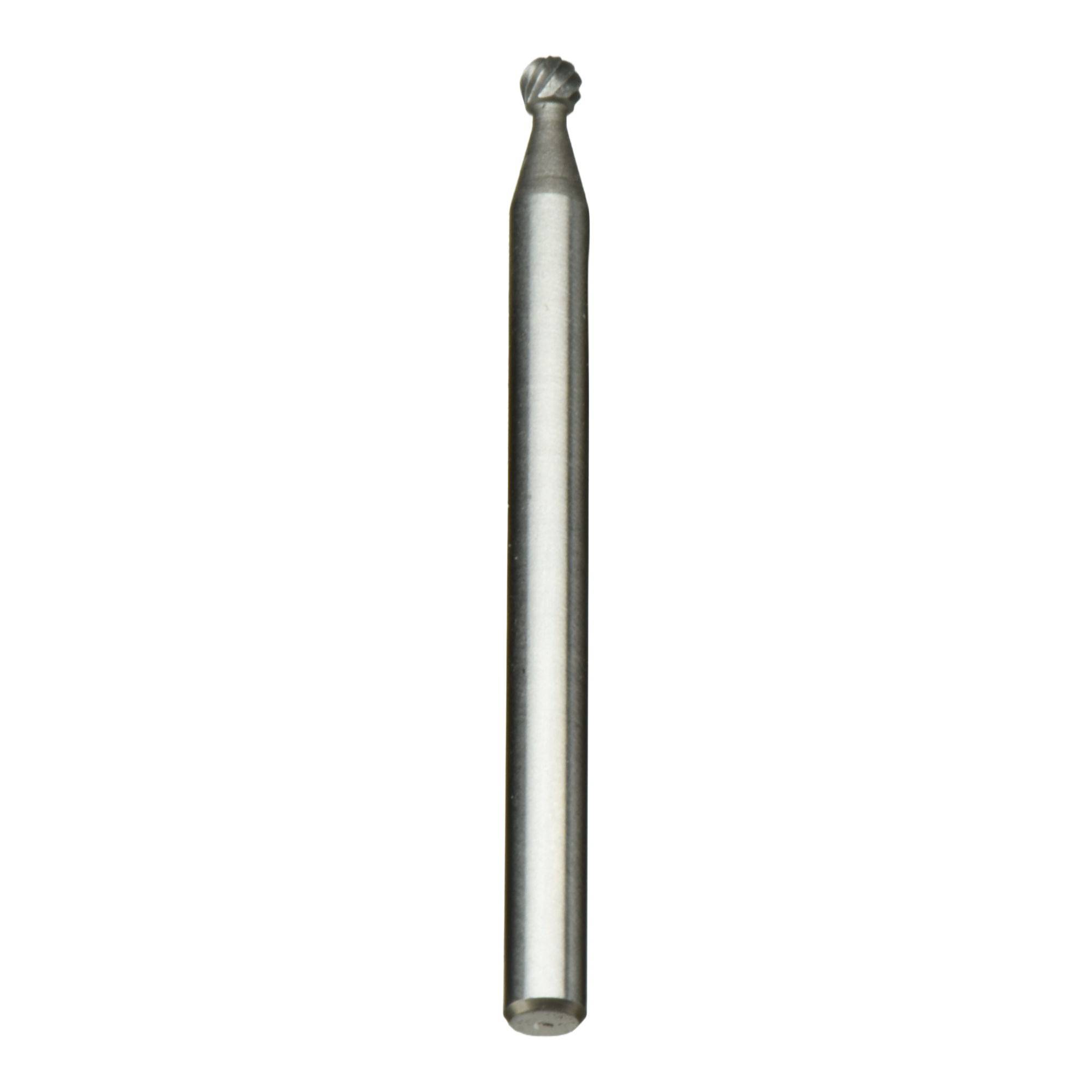 Een metalen cilindrische gereedschap met een kleine sferische snijpunt, gebruikt voor precisiebewerking of graveren.