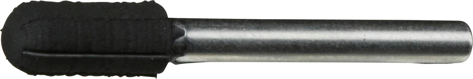 Een cilindrische metalen staaf met een zwarte, gestructureerde greep die de helft van zijn lengte bedekt, waarschijnlijk een gereedschap of onderdeel.