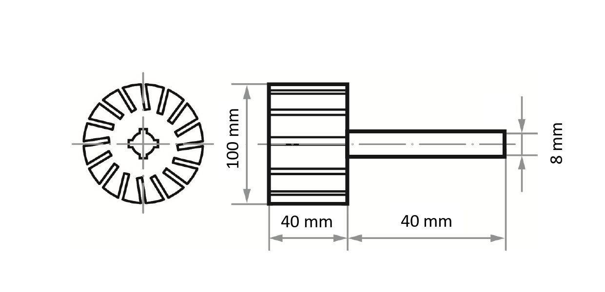 'Technische tekening van een cilindrisch object met afmetingen: 100 mm hoogte, 40 mm breedte en 8 mm diepte. Zij- en bovenaanzicht weergegeven.'