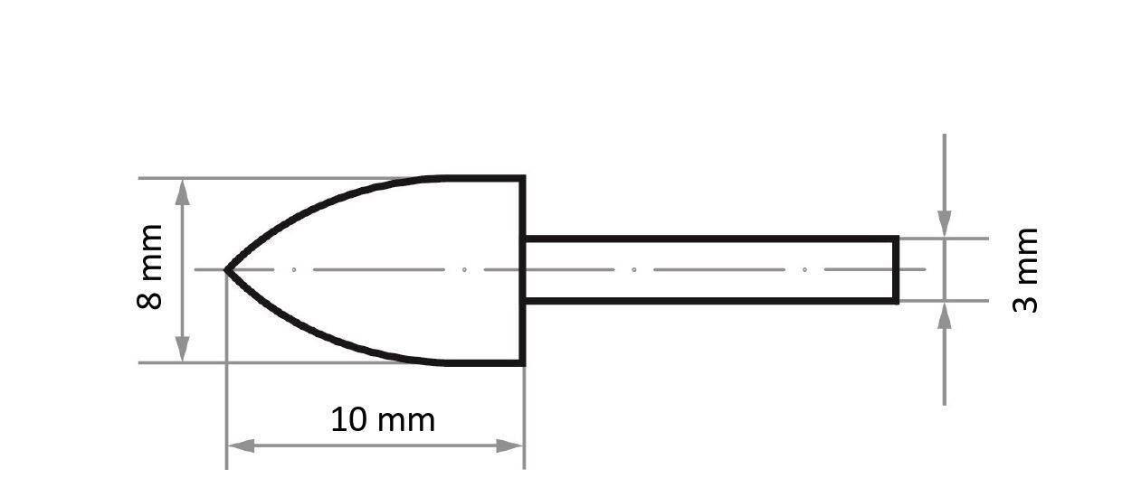 Diagram van een kogelvormig object, 10 mm lang, met een puntige top. De basis is 8 mm breed, verbonden met een 3 mm dikke steel.