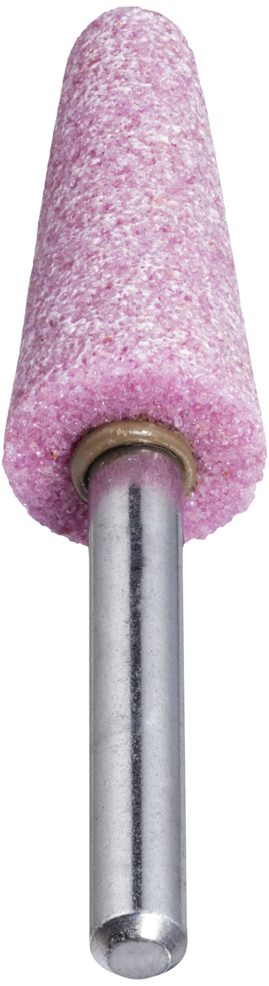 Roze kegelvormige schuursteen met metalen steel, gebruikt voor het slijpen, schuren of polijsten van oppervlakken.