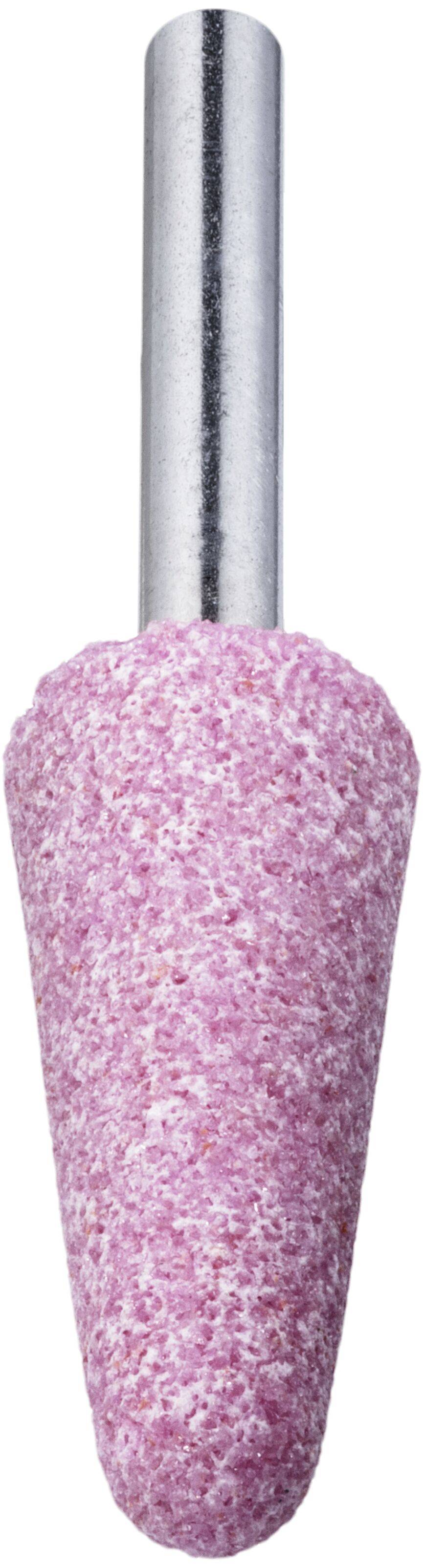 Een roze, kegelvormige slijpsteen met een zilveren cilindrische handgreep, gebruikt voor het gladmaken of vormgeven van oppervlakken in verschillende toepassingen.