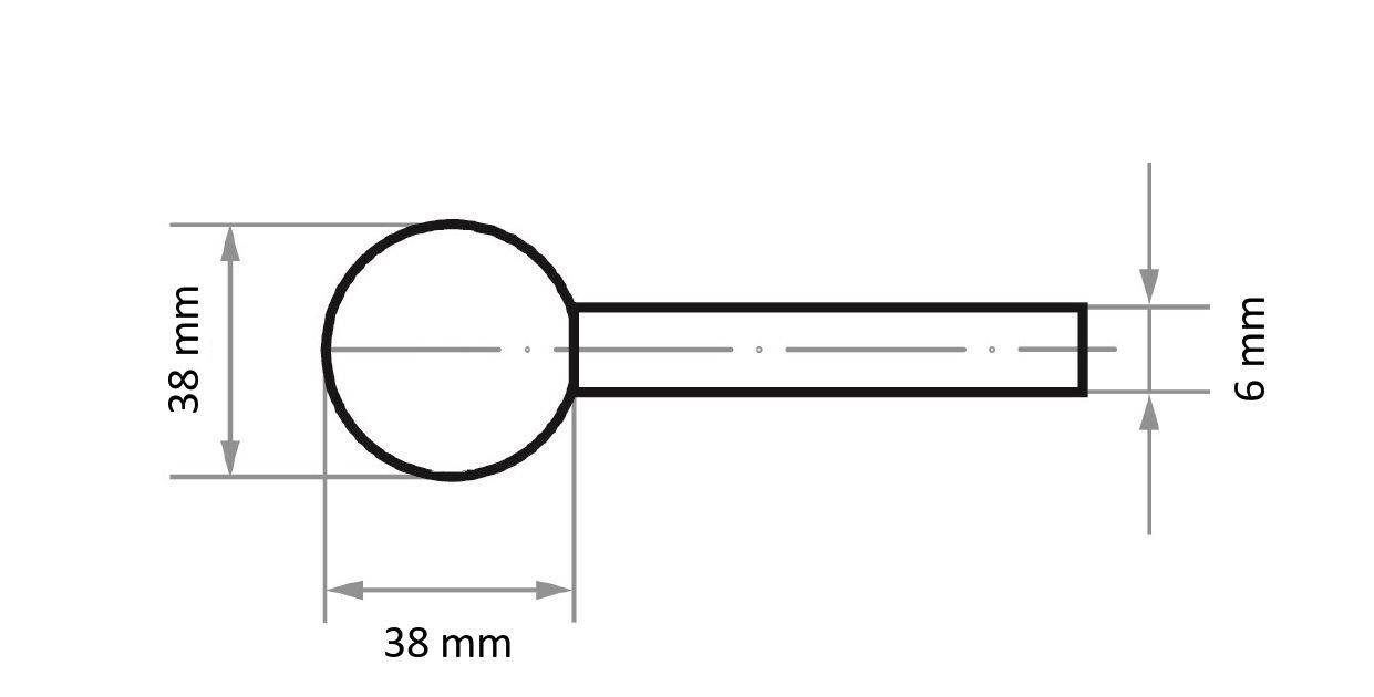 Een diagram toont een cilindrisch object met een bolvormig uiteinde, met een diameter en lengte van 38 mm, en een 6 mm dikke schacht.