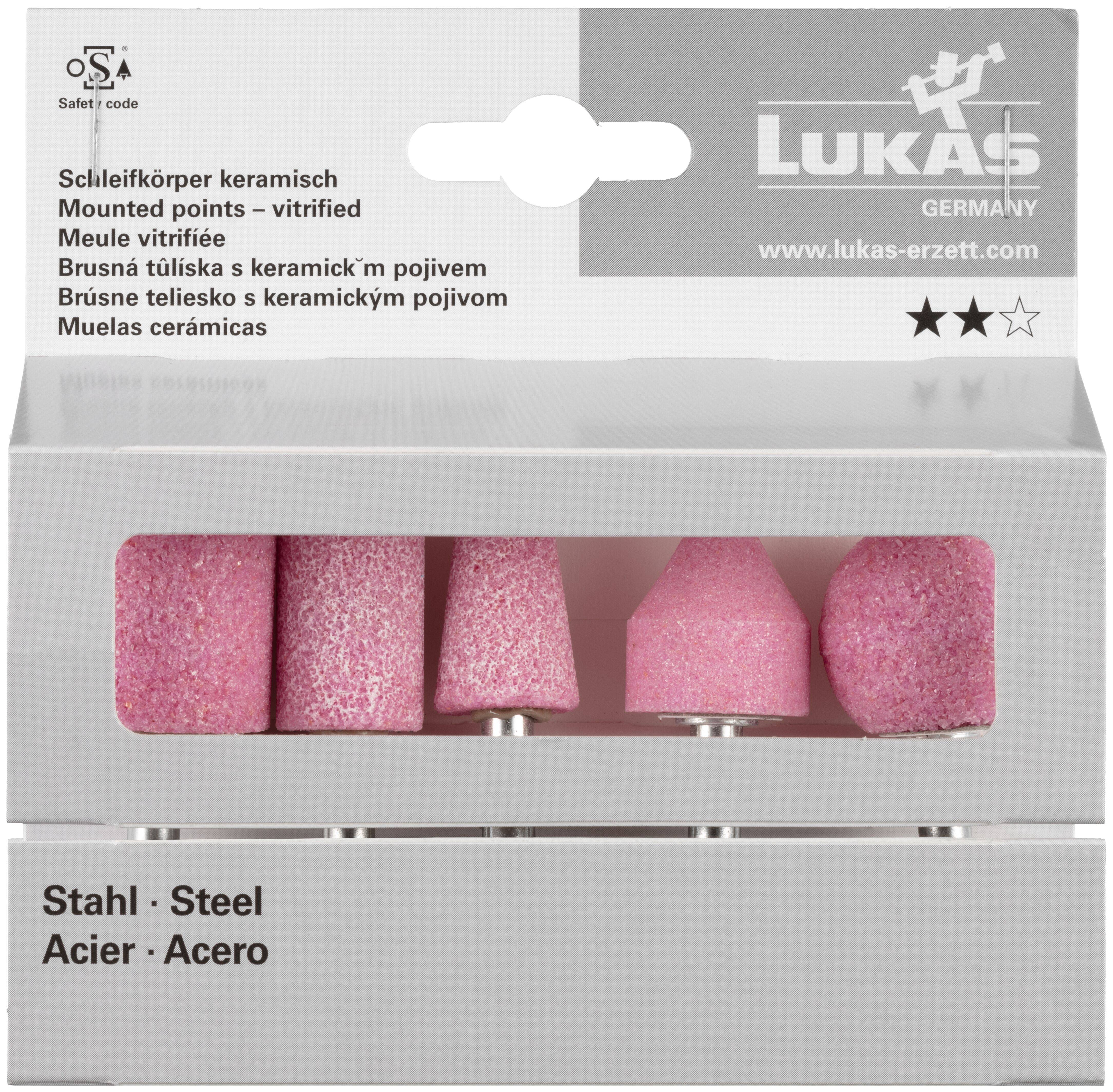 'Doos met roze keramische slijppunten voor staal, voorzien van merknaametiket en specificaties in meerdere talen.'