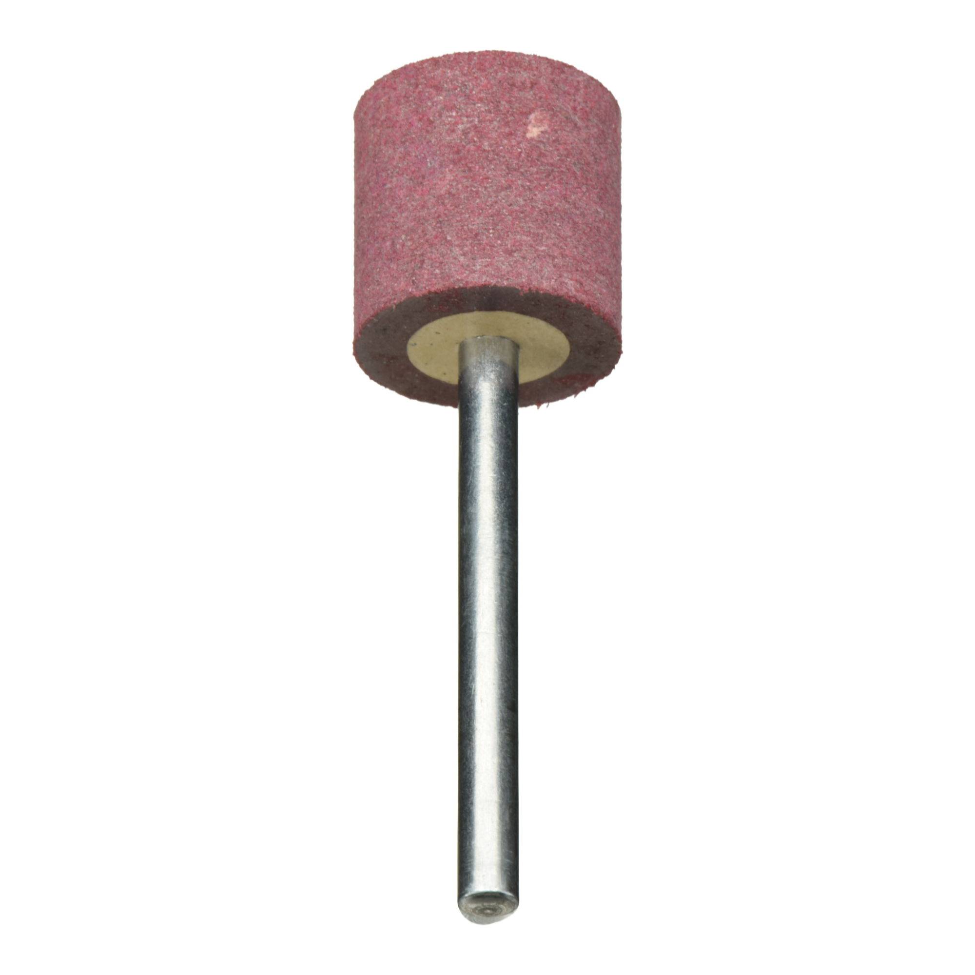 Een cilindrische roze slijpsteen met een metalen steel, gebruikt voor het gladmaken of vormgeven van materialen in de bouw of bij ambachtelijke werkzaameden.