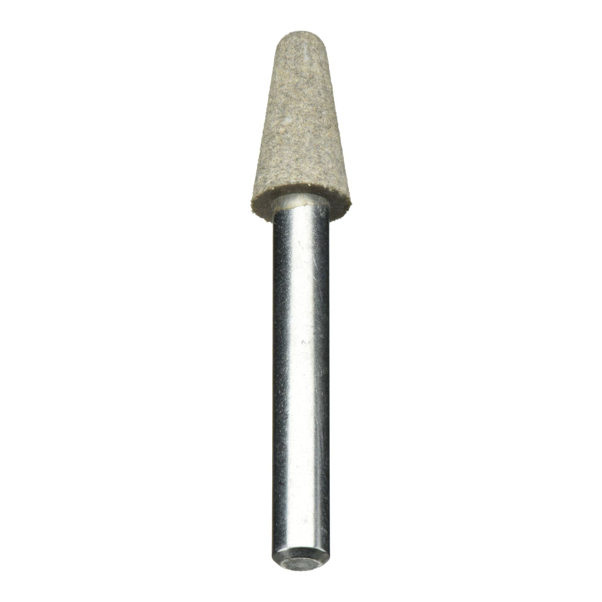 Een cilindrische slijpsteen met een metalen steel en een conische punt, gebruikt voor het gladmaken of vormgeven van materialen bij verschillende werkzaamheden.