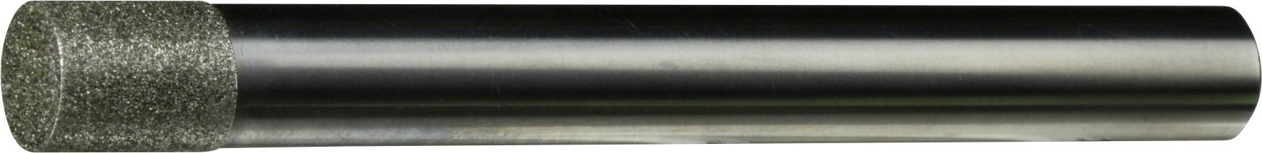 Een cilindrische metalen gereedschap met een gestructureerde schuurpunt, gebruikt voor het slijpen of polijsten van verschillende materialen.