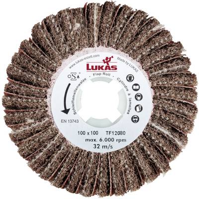 Een ronde, schurende lamellenschijf van LUKAS met een diameter van 100 mm, maximaal 6.000 toeren per minuut, gebruikt voor het slijpen en polijsten van oppervlakken.