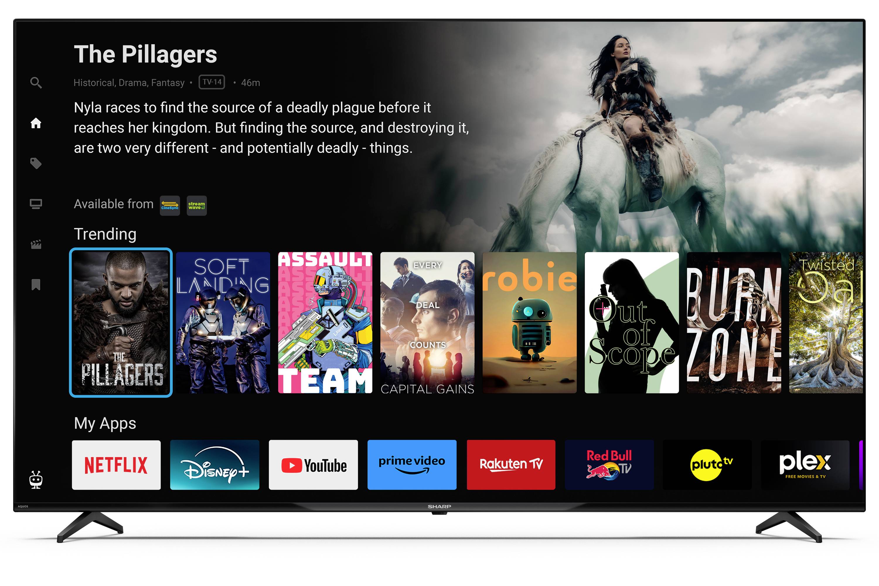 Een smart tv-scherm met streamingapps en populaire shows, waarbij 'The Pillagers' wordt getoond met een vrouw die op een wit paard rijdt.