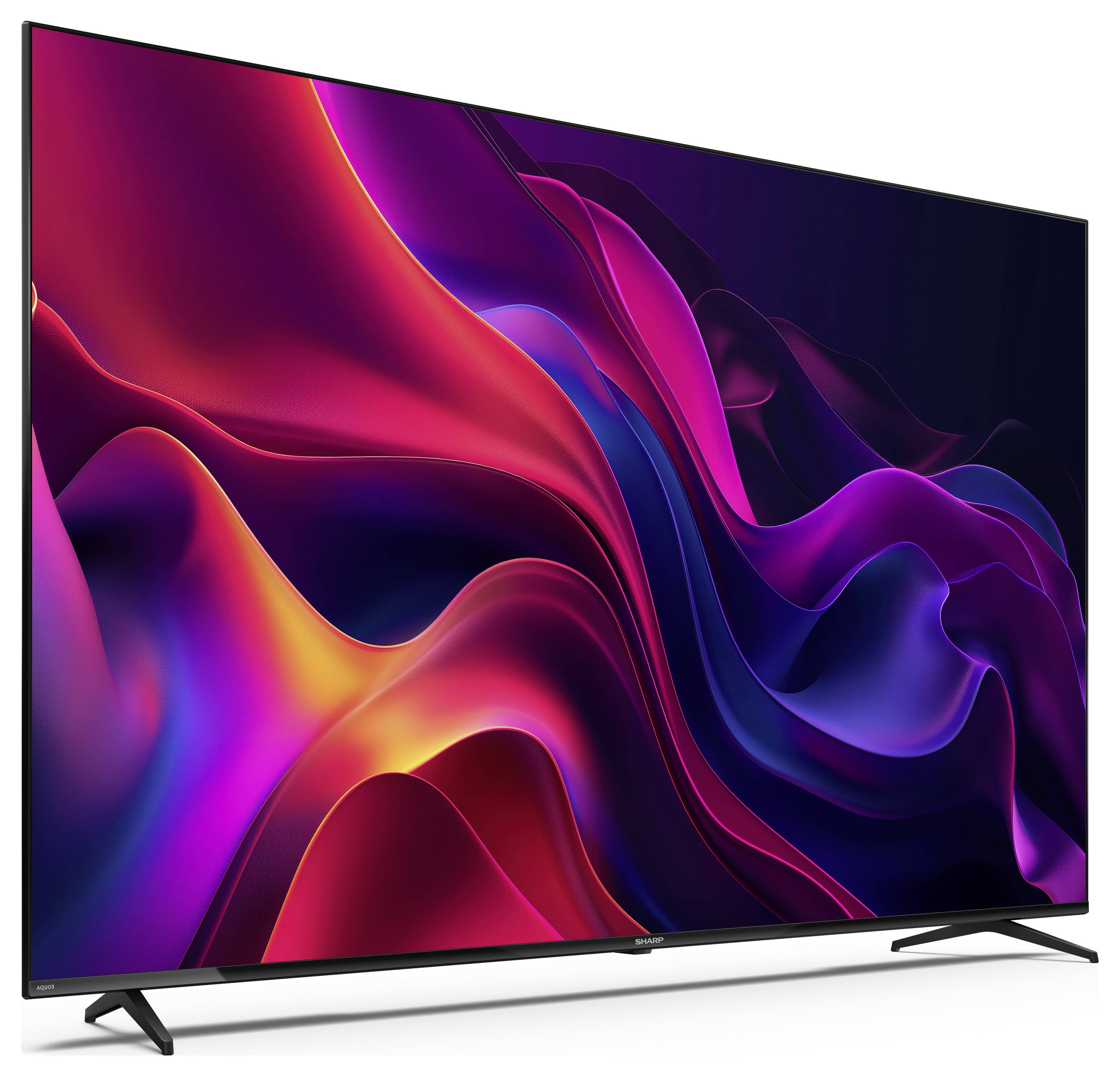 Een groot, ultraplat televisietoestel met een scherm dat levendige, abstracte wervelingen van kleuren in tinten rood, paars en blauw vertoont.