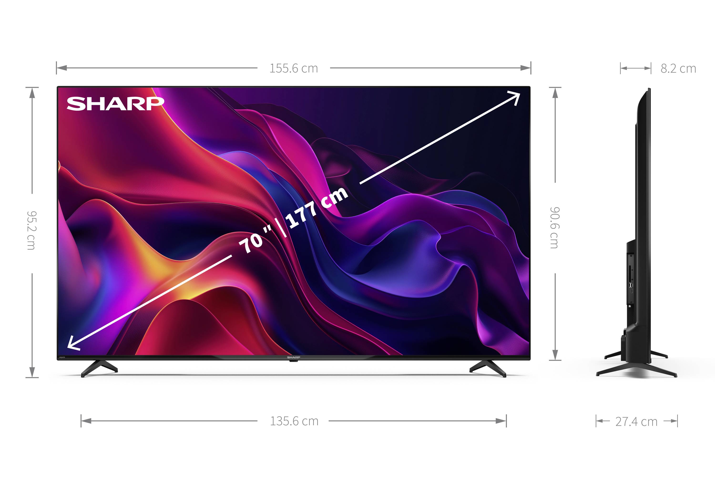 Een grote Sharp televisie met een levendige abstracte weergave. Afmetingen: breedte 135,6 cm, hoogte 86,7 cm, diepte 27,4 cm, scherm 177 cm.