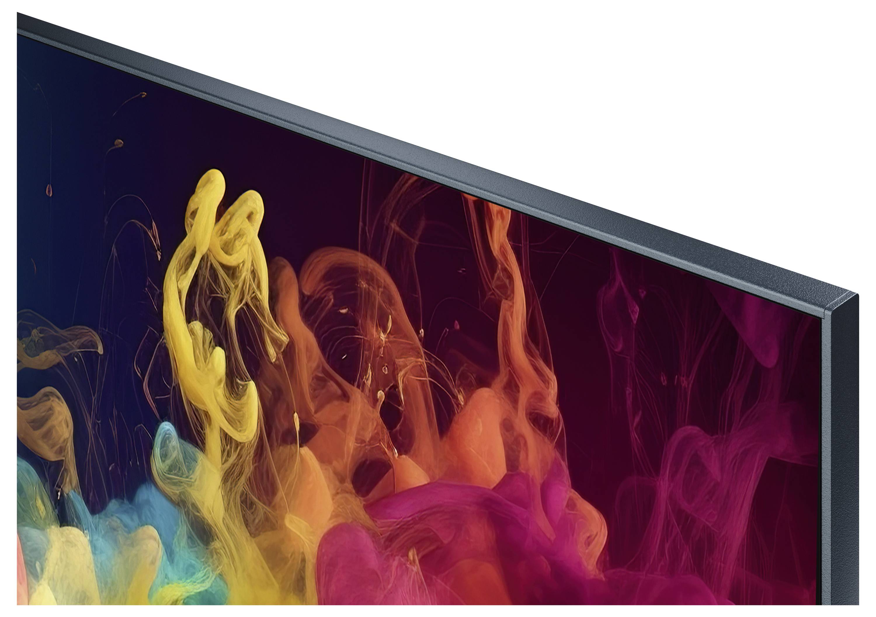 Een hoek van een flatscreen-tv die levendige wervelende kleuren van geel, oranje en roze op een donkere achtergrond vertoont, waarbij de beeldkwaliteit wordt gedemonstreerd.