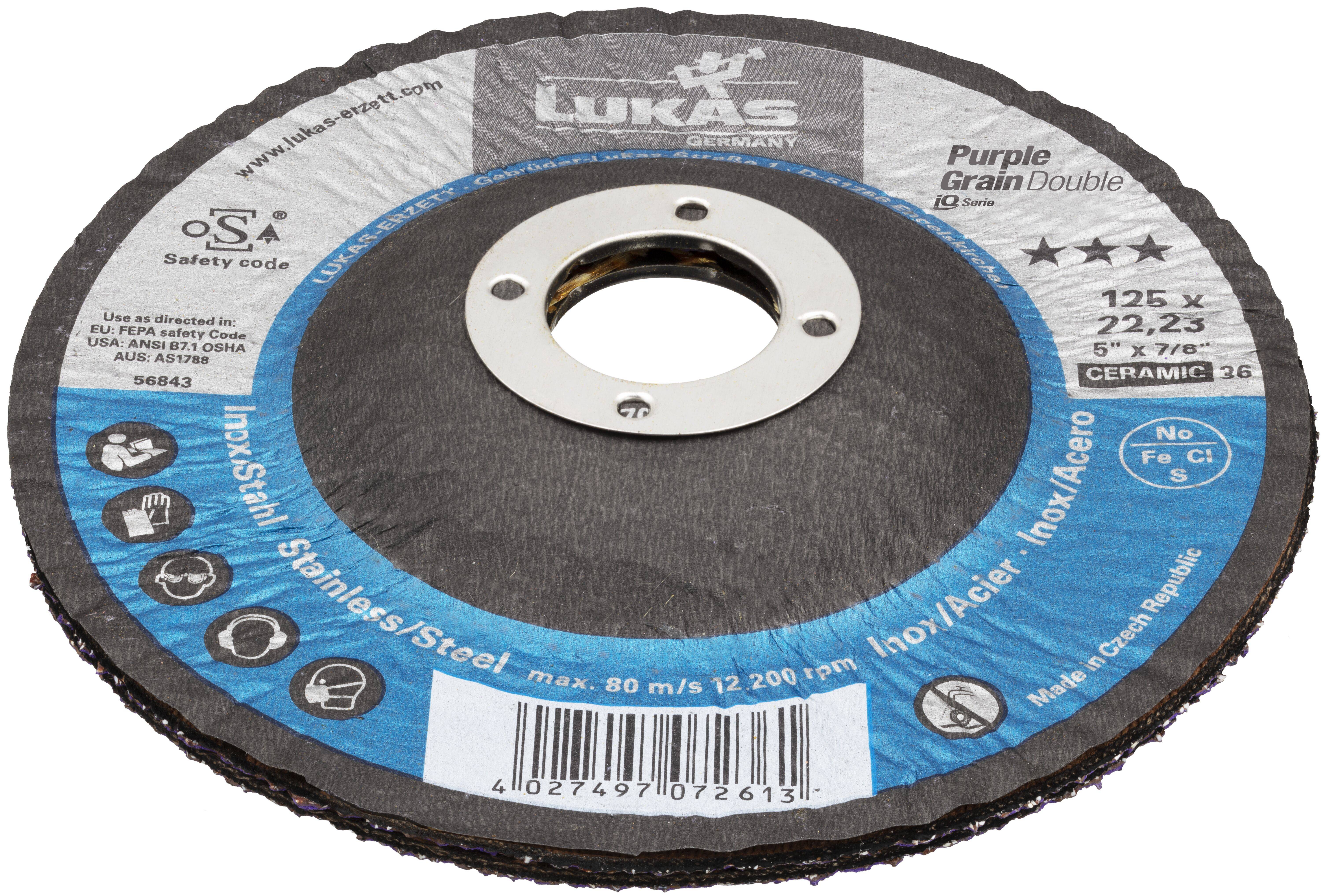 Een ronde slijpschijf met opdruk 'LUKAS Germany' met specificaties: '125 x 22,23, Keramiek 36'. Geschikt voor roestvrij staal en inox materialen.