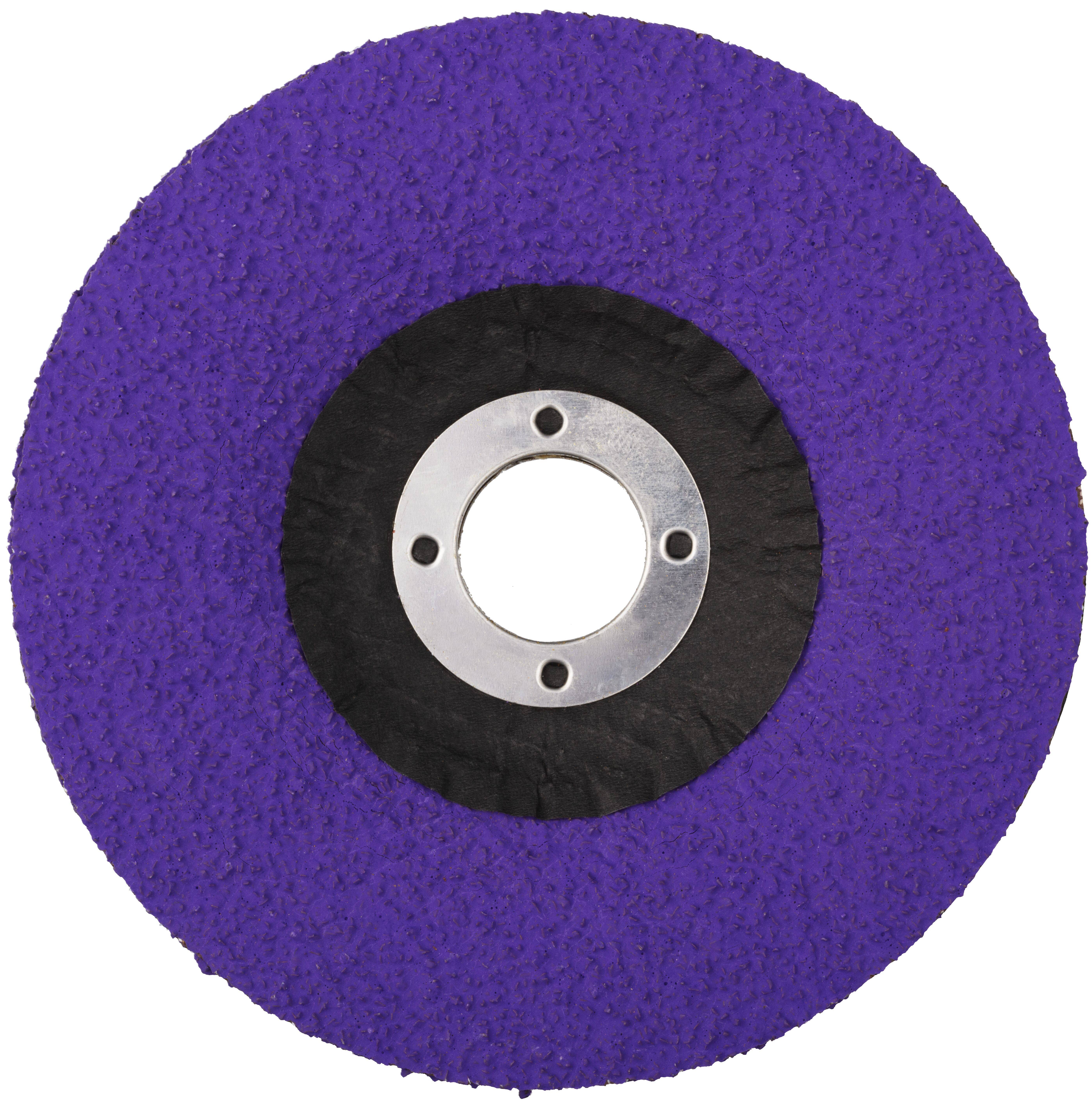 Een circulaire slijpschijf met een paarse schuuroppervlak en een centraal metalen naaf.