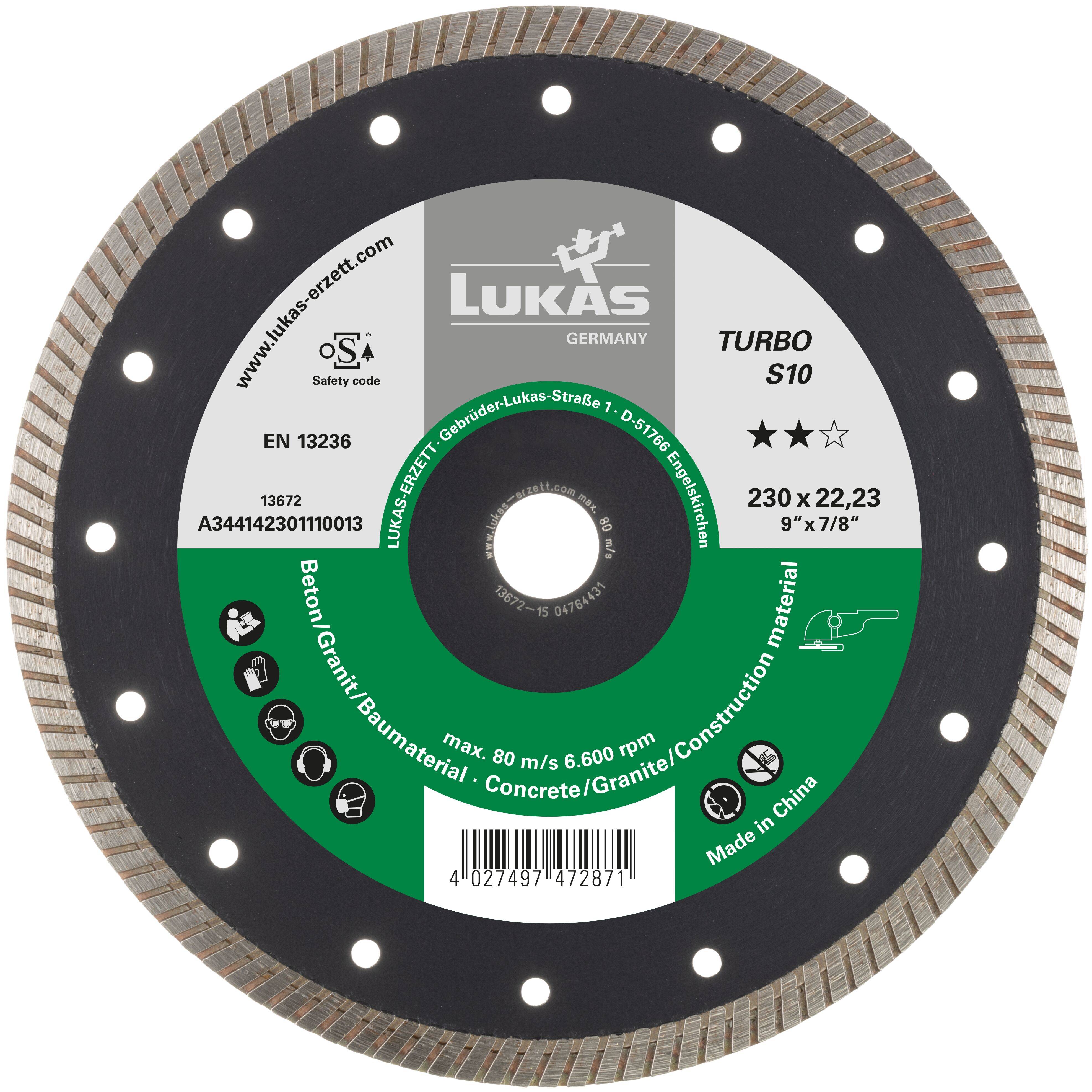 'TURBO S10' cirkelzaagblad voor beton en graniet. Diameter 230mm. Zwart met zilveren randen en centraal groen label, gemaakt in China.
