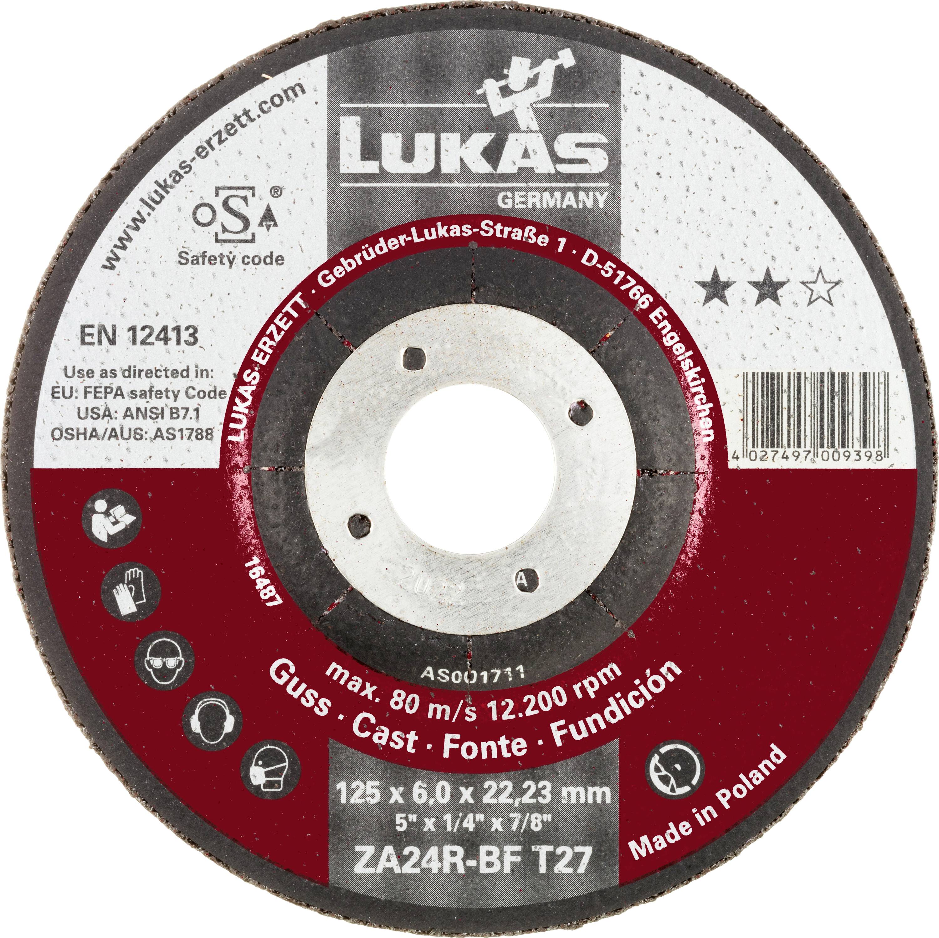'Slijpschijf gelabeld Lukas Duitsland, max. 12.200 toeren per minuut, 125 mm diameter, vervaardigd voor gietmaterialen, rood en wit ontwerp, gemaakt in Polen.'