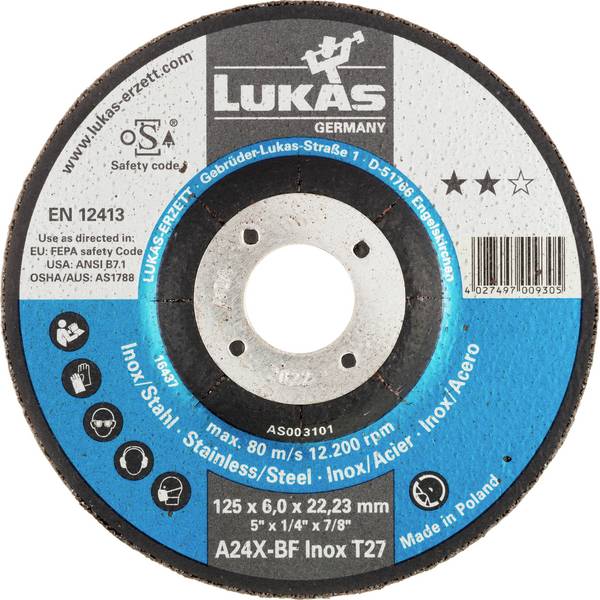 LUKAS-ERZETT AS003101V9802 T27 125x6,0x22,23 A24X-BF Afbraamschijf Diameter 125 mm Boordiameter 22.23 mm RVS 10 stuk(s)
