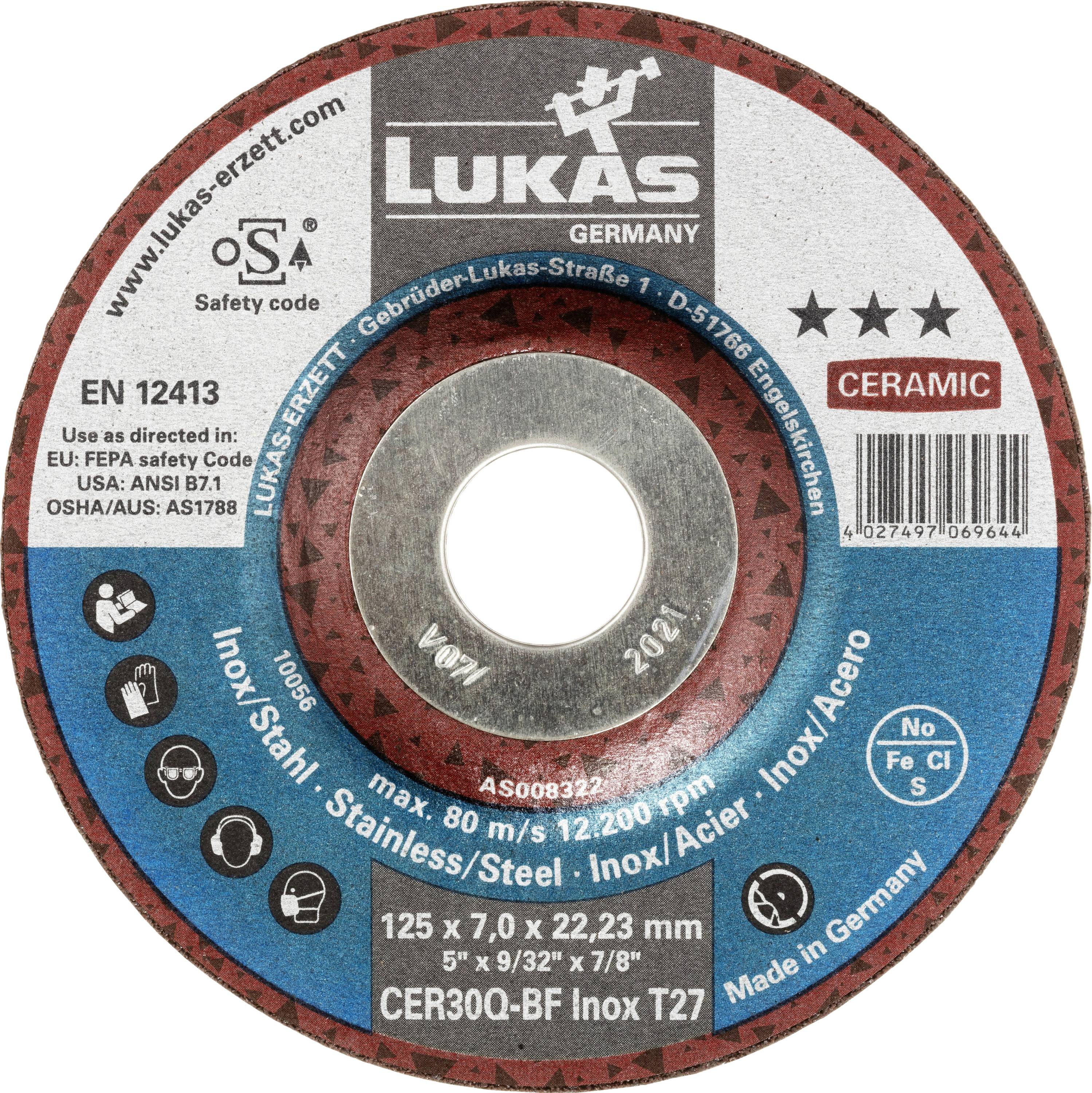 'Slijpschijf gelabeld Lukas Duitsland, Keramisch. Details omvatten EN 12413 standaard, afmeting 125 x 7,0 x 22,23 mm, max 12.200 tpm, gebruikt voor staal.'