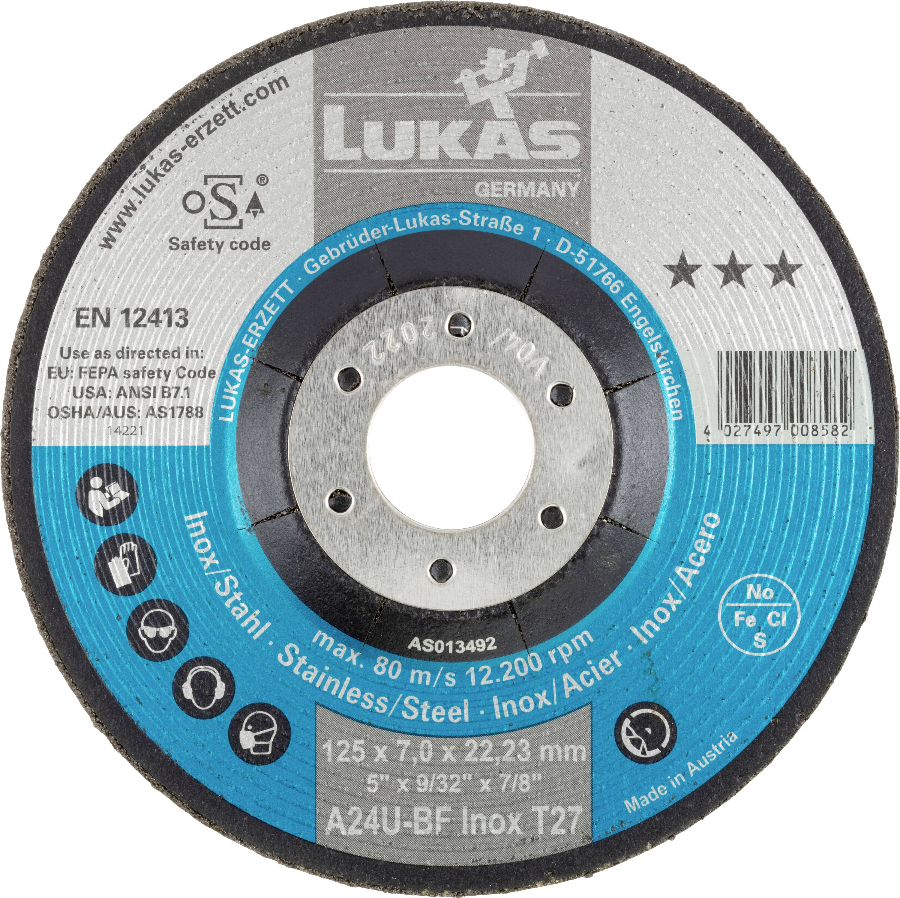 'Slijpschijf voor roestvrij staal, max. 12.200 tpm, 125x7,0x22,23 mm. Conform: EN 12413. Veiligheidscode: OSHA/MSHA: AS13789. Gemaakt in Oostenrijk.'