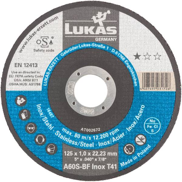 LUKAS-ERZETT T41 125x1,0x22,23 A60S-BF AT002672V9802 Doorslijpschijfset 125 mm 50 stuk(s) RVS