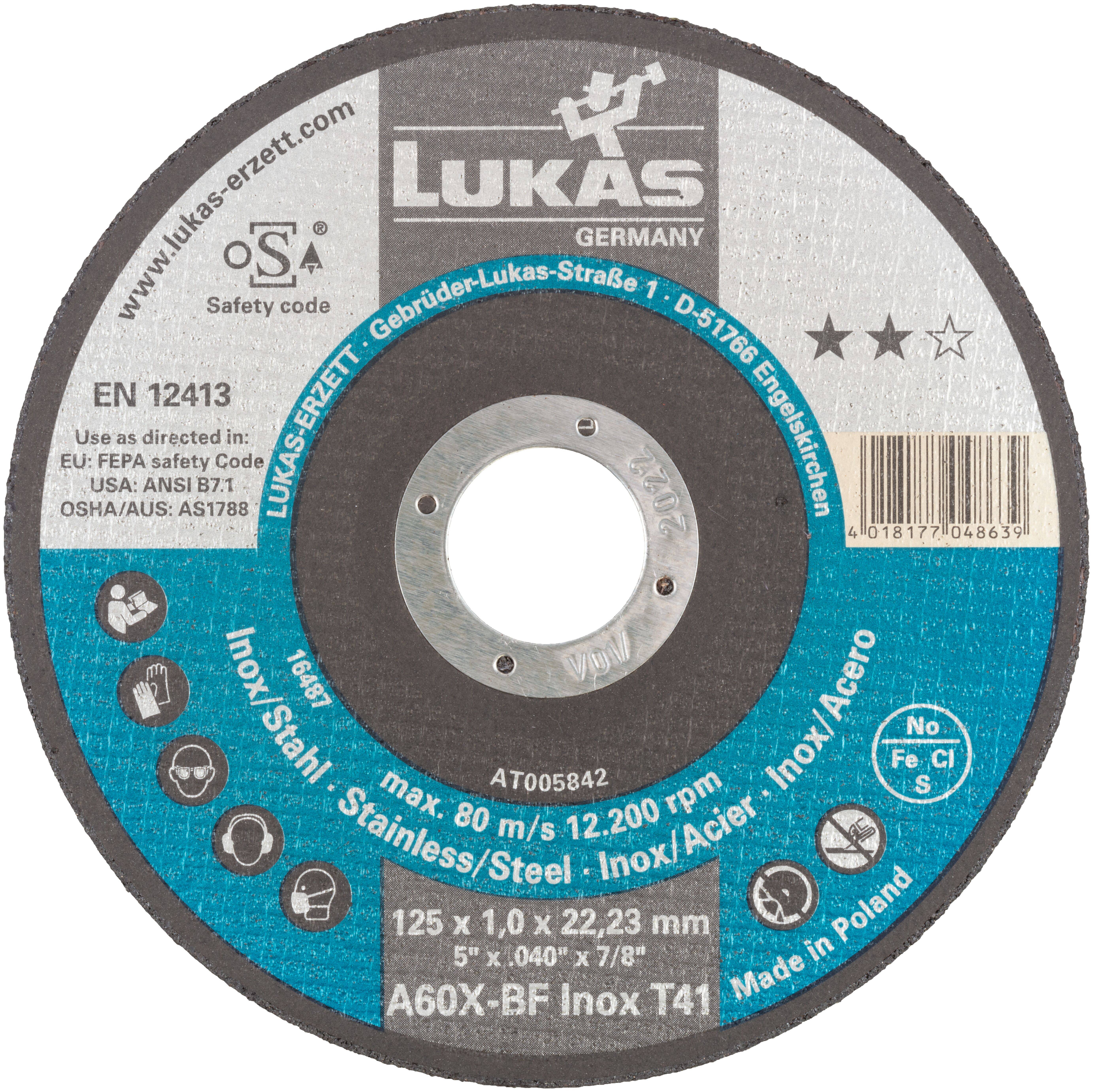 LUKAS-ERZETT T41 125 AT005842V9807010 Doorslijpschijfset 125 mm 10 stuk(s) RVS-1