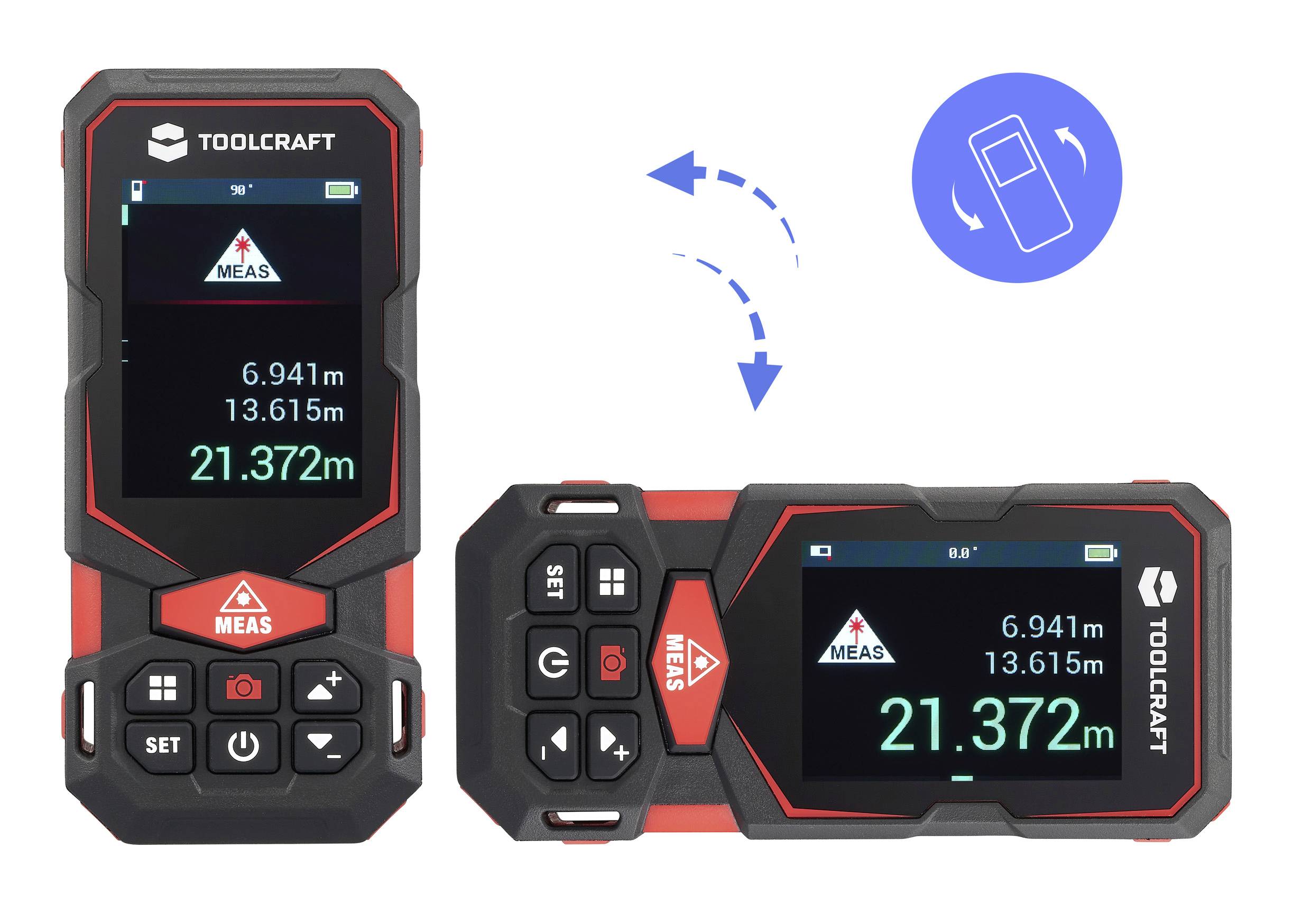 Toolcraft laserafter meter weergegeven in portret- en liggende oriëntaties, met een roterend schermpictogram dat aangeeft dat het display kan worden gedraaid.