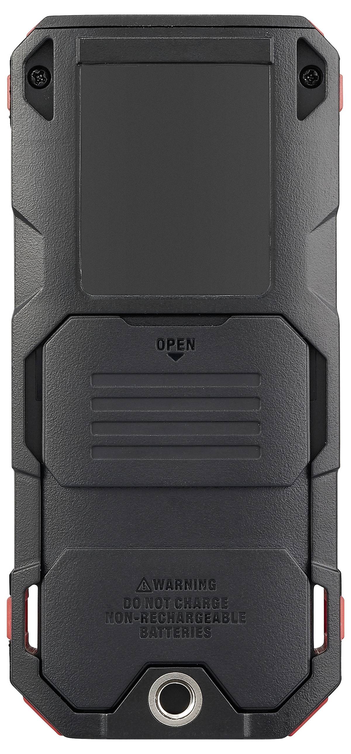 Zwart robuust apparaat aan de achterkant met schroefkoppen, 'OPEN'-grendel, waarschuwing over niet-oplaadbare batterijen, en een metalen bevestigingsring aan de onderkant.