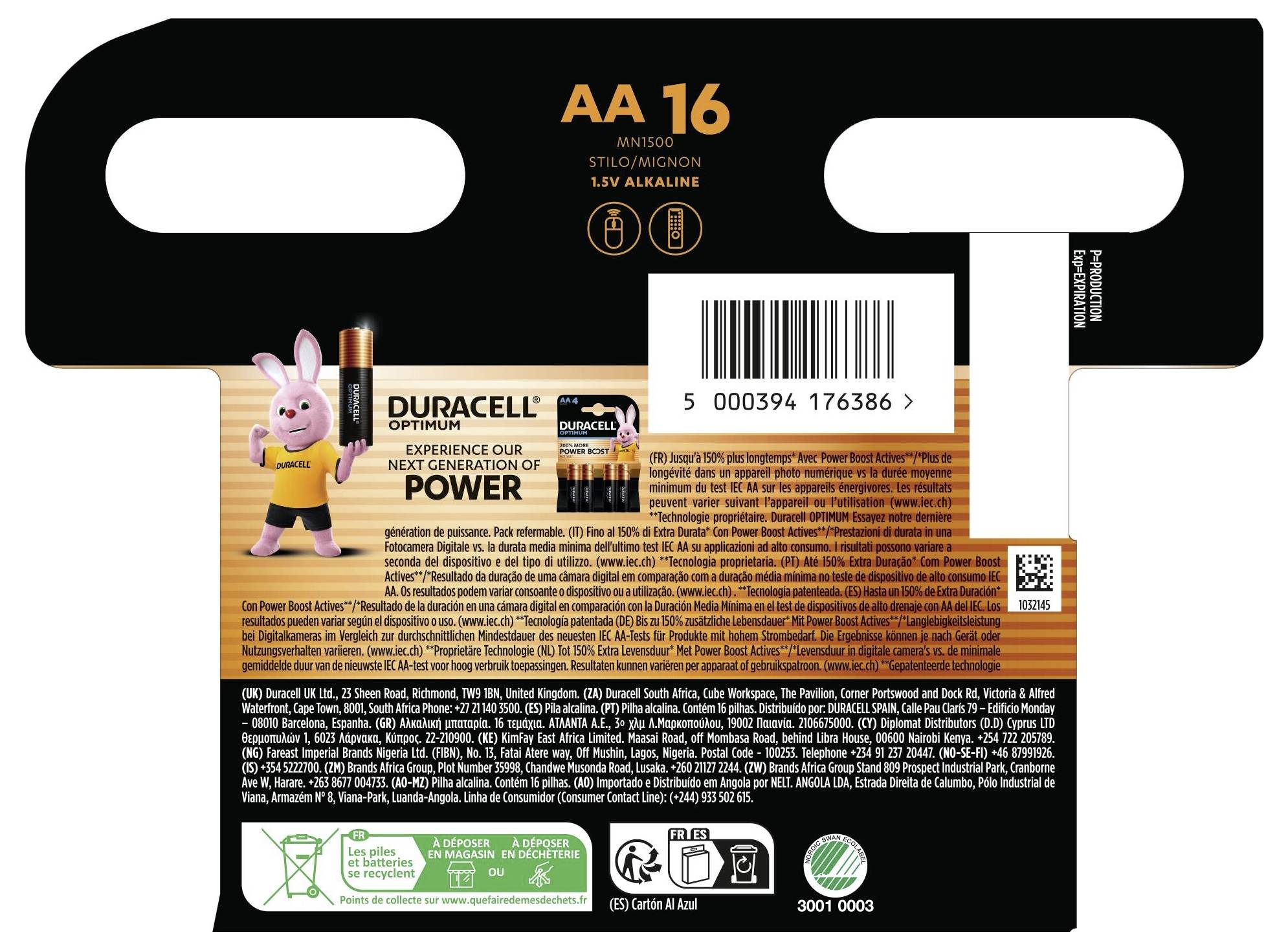 'Duracell AA 16-pack batterijen met een roze konijn. De tekst benadrukt kracht van volgende generatie. Instructies en informatie in meerdere talen.'