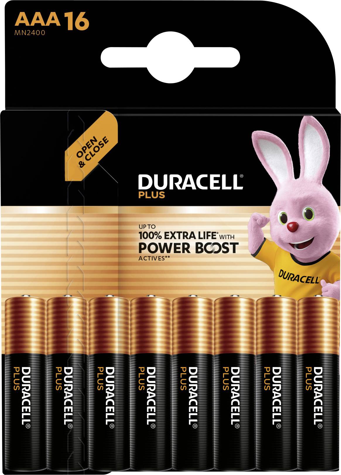 'Duracell Plus AAA' 16-pack batterijverpakking met Power Boost-pictogram en roze bunny-mascotte die 'tot 100% extra levensduur' promoot.
