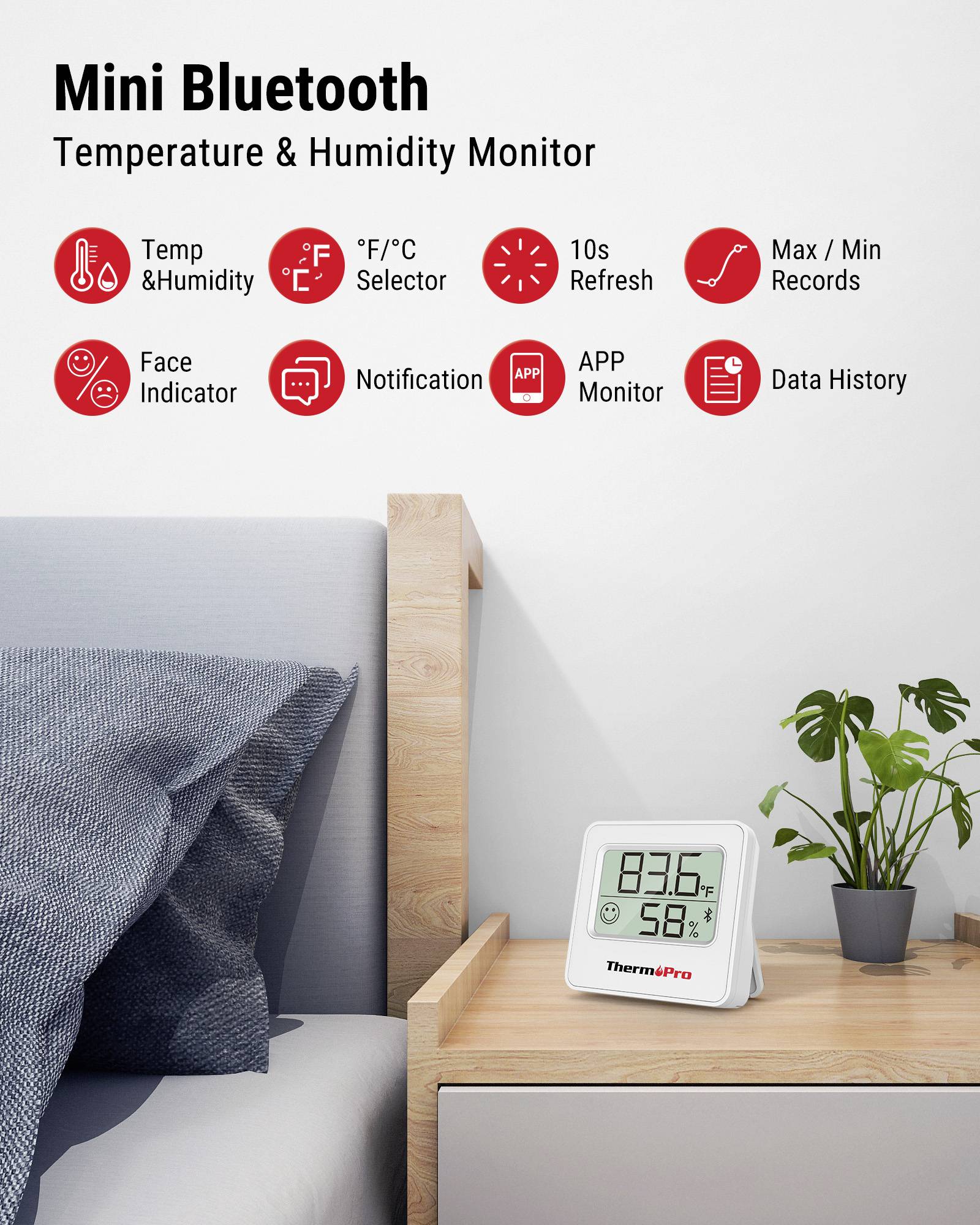 'Mini Bluetooth Temperatuur & Vochtigheid Monitor' met digitaal display, app-bewaking, 10-seconden verversing, datageschiedenis en meer op het nachtkastje.