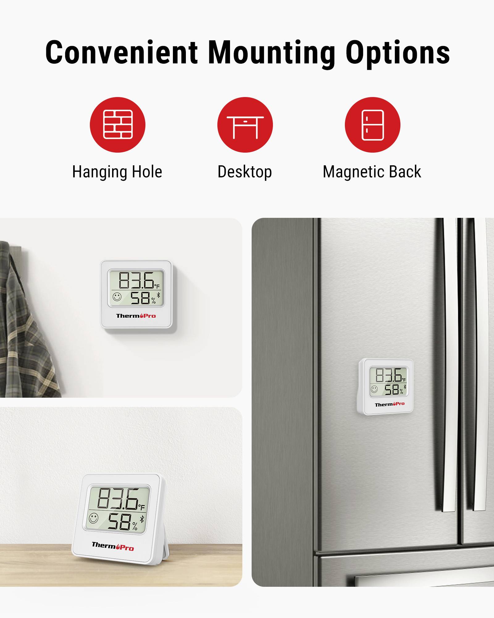 'Handige Montage Opties': Afbeeldingen tonen een digitale thermometer met drie montagestijlen: ophangoog, tafelstandaard en magnetische achterkant.