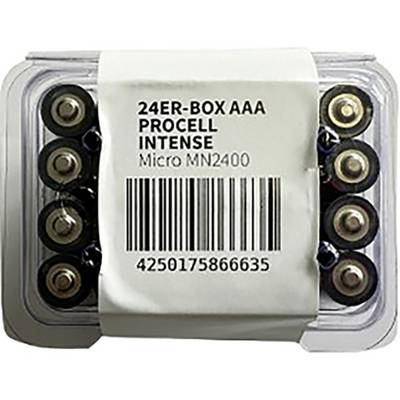 Verpakking met meerdere AAA-batterijen voorzien van het label '24ER-BOX AAA PROCELL INTENSE Micro MN2400' met een streepjescode.