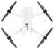 Een witte quadcopter drone met vier zwarte propellers horizontaal gepositioneerd op een egale achtergrond, gelabeld met 'Hubsan'.