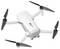 Een witte quadcopter drone met vier propellers, gezien vanuit een lichte hoek, met een camera aan de voorkant.